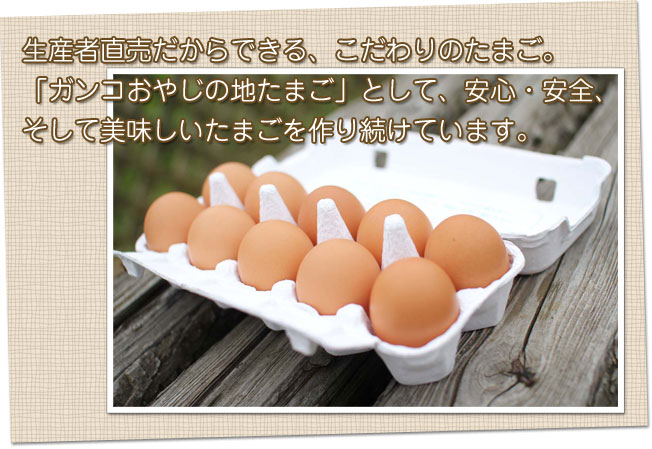 生産者直売だからできる、こだわりのたまご。
「ガンコおやじの地たまご」として、安心・安全、そして美味しいたまごを作り続けています。